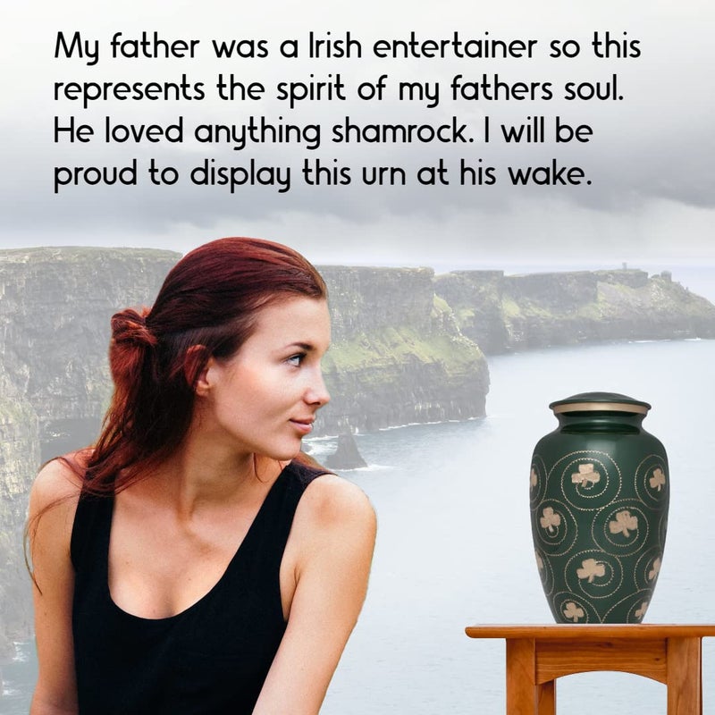Ansons Urns Green Irish Shamrock Cremation Urn - Clover Funeral Urn in Several Colors - Burial Urn for Human Ashes - Detailed Hand Engraving - 100% Brass - Image 2